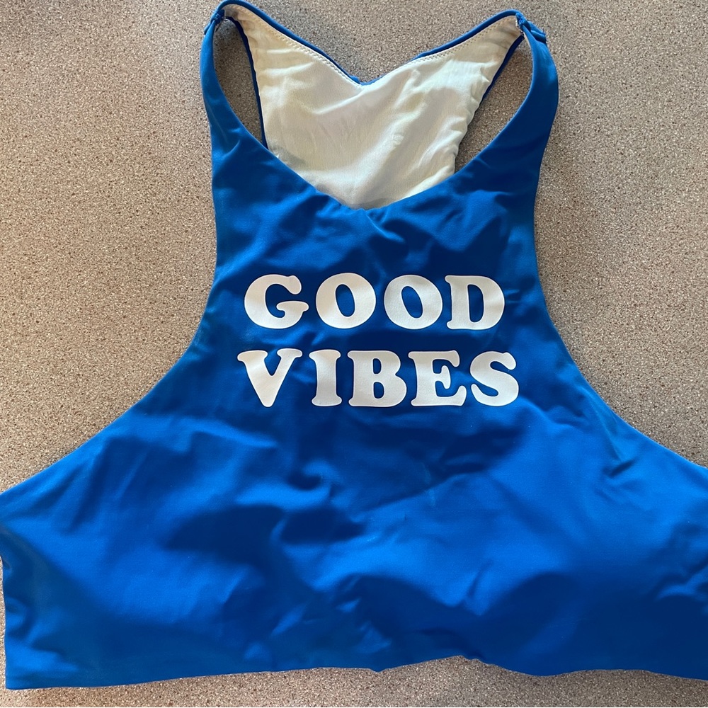 PINK Victoria's Secret VS high-neck blue swim top "Good Vibes" soft cups size L